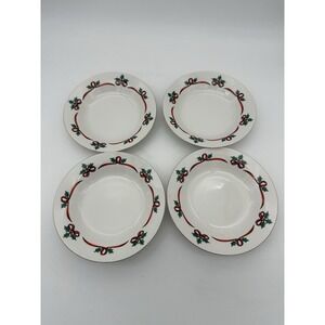 4 Jamestown China Bowls Christmas Ribbons Holly Gold‎ Trim Set EUC